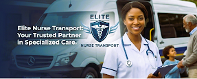 A nurse in uniform standing in front of an ambulance with the text 'Elite Nurse Transport Trusted Partner in Specialized Care.'