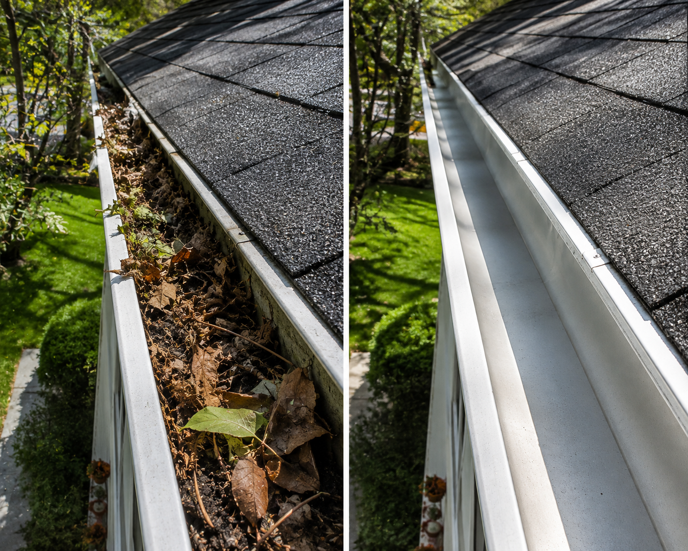 Before and after images of a house gutter cleaning, showing leaves and debris accumulated in the gutter on the left and a clean empty gutter on the right.