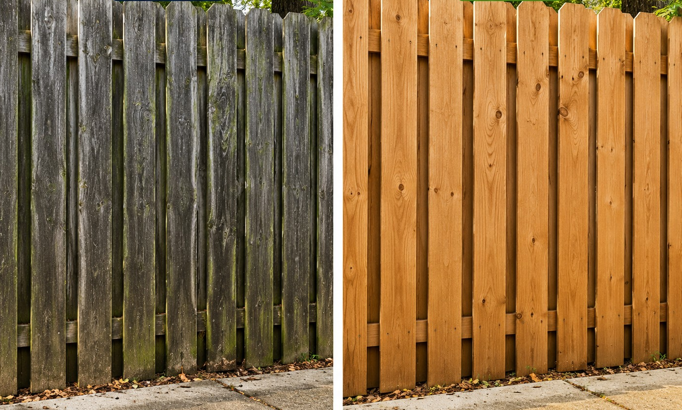 Side-by-side comparison of an old, weathered wooden fence on the left and a new, freshly stained wooden fence on the right.