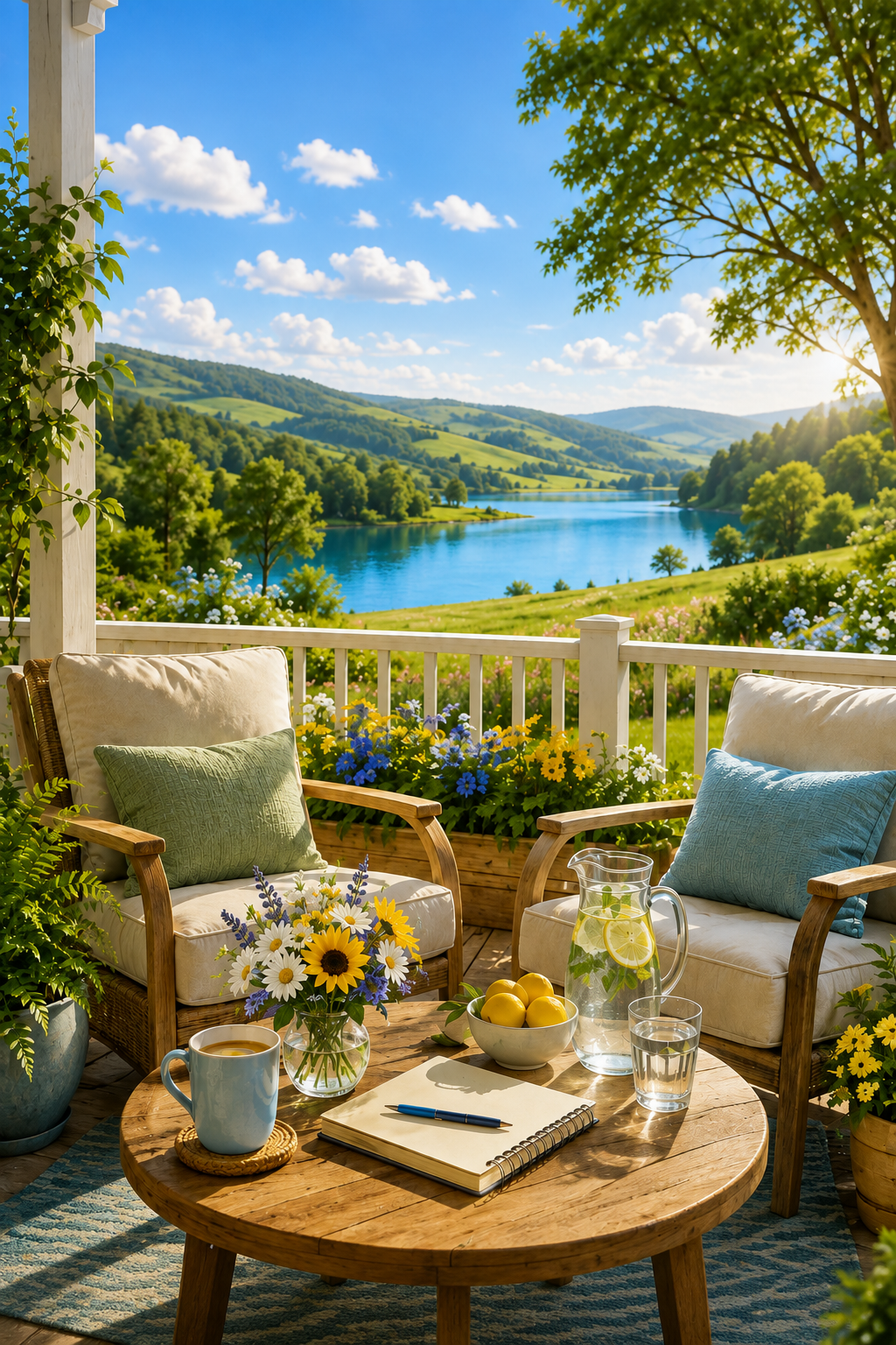 A cozy outdoor patio overlooking a scenic lake and rolling hills, with a wooden table decorated with flowers, a mug of coffee, a bowl of lemons, a pitcher of lemon water, and two cushioned chairs with colorful pillows.