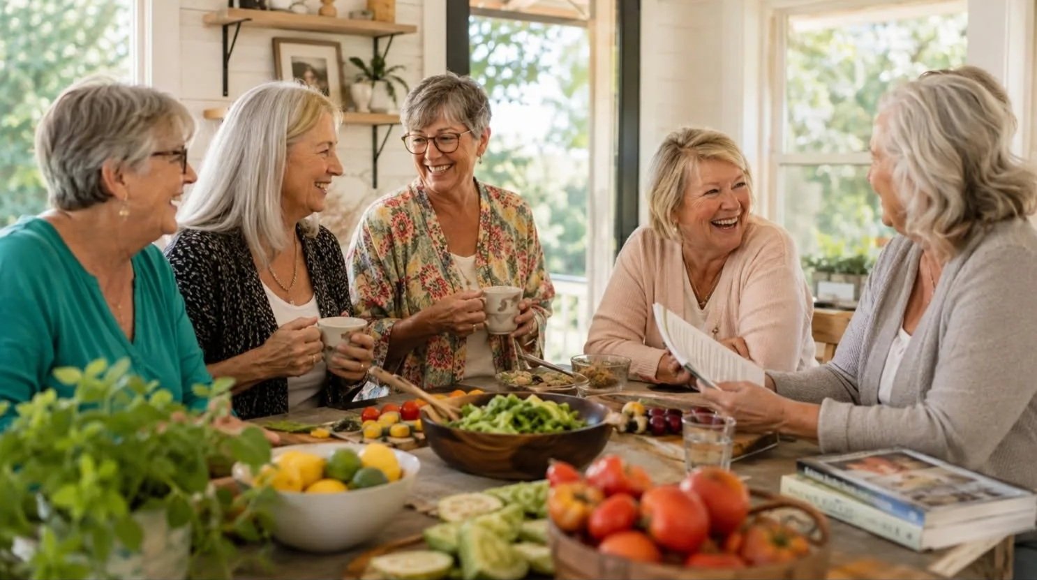 Five elderly women laughing and talking around a dining table with food and magazines, in a sunlit kitchen.
