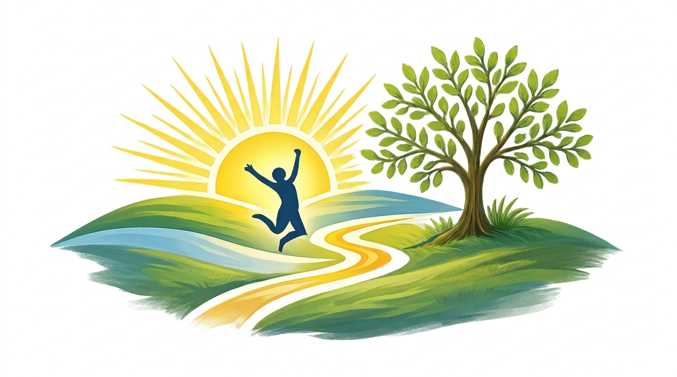 A colorful illustration of a person jumping in front of a bright yellow sun shining over green rolling hills and a large tree.