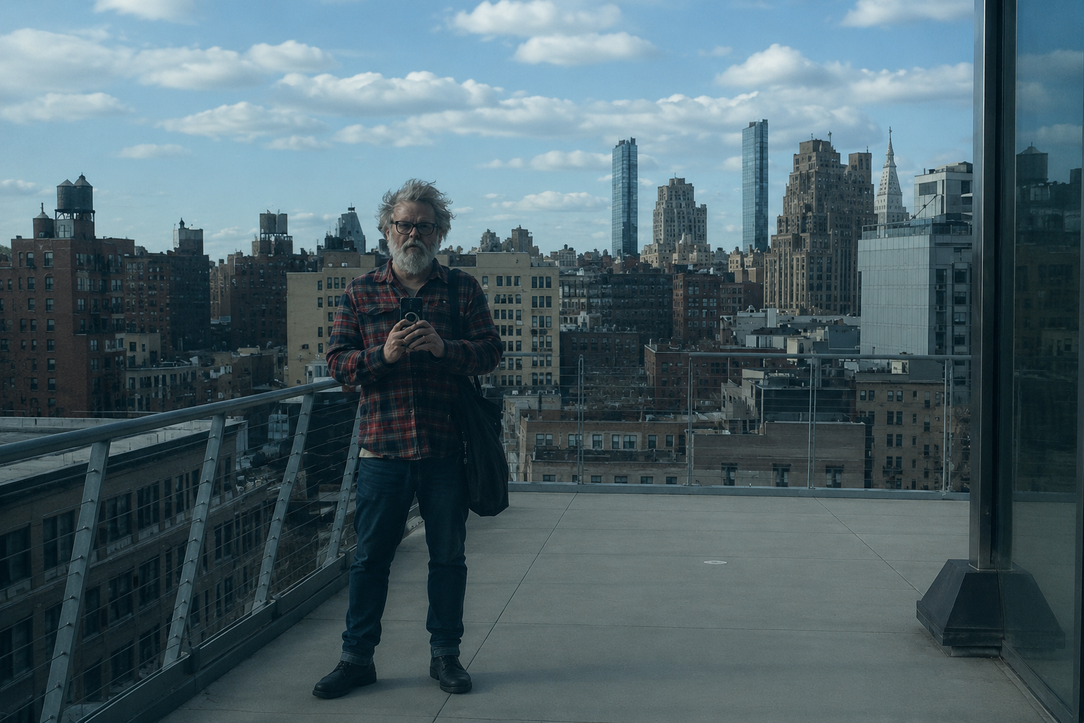 A man with glasses, a beard, and disheveled hair taking a photo with a smartphone on a rooftop with a city skyline in the background.