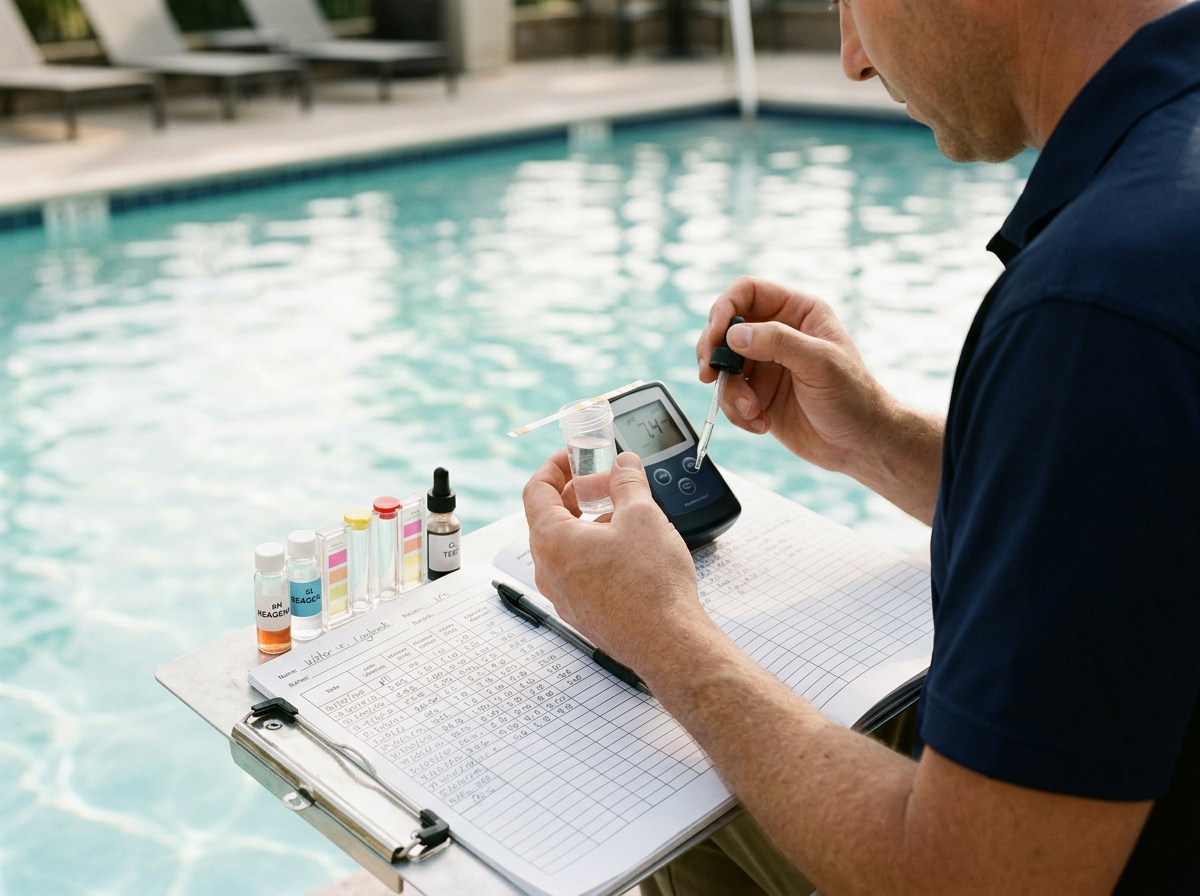 A person by a pool conducting a water quality test with testing bottles, a digital meter, and a notebook.