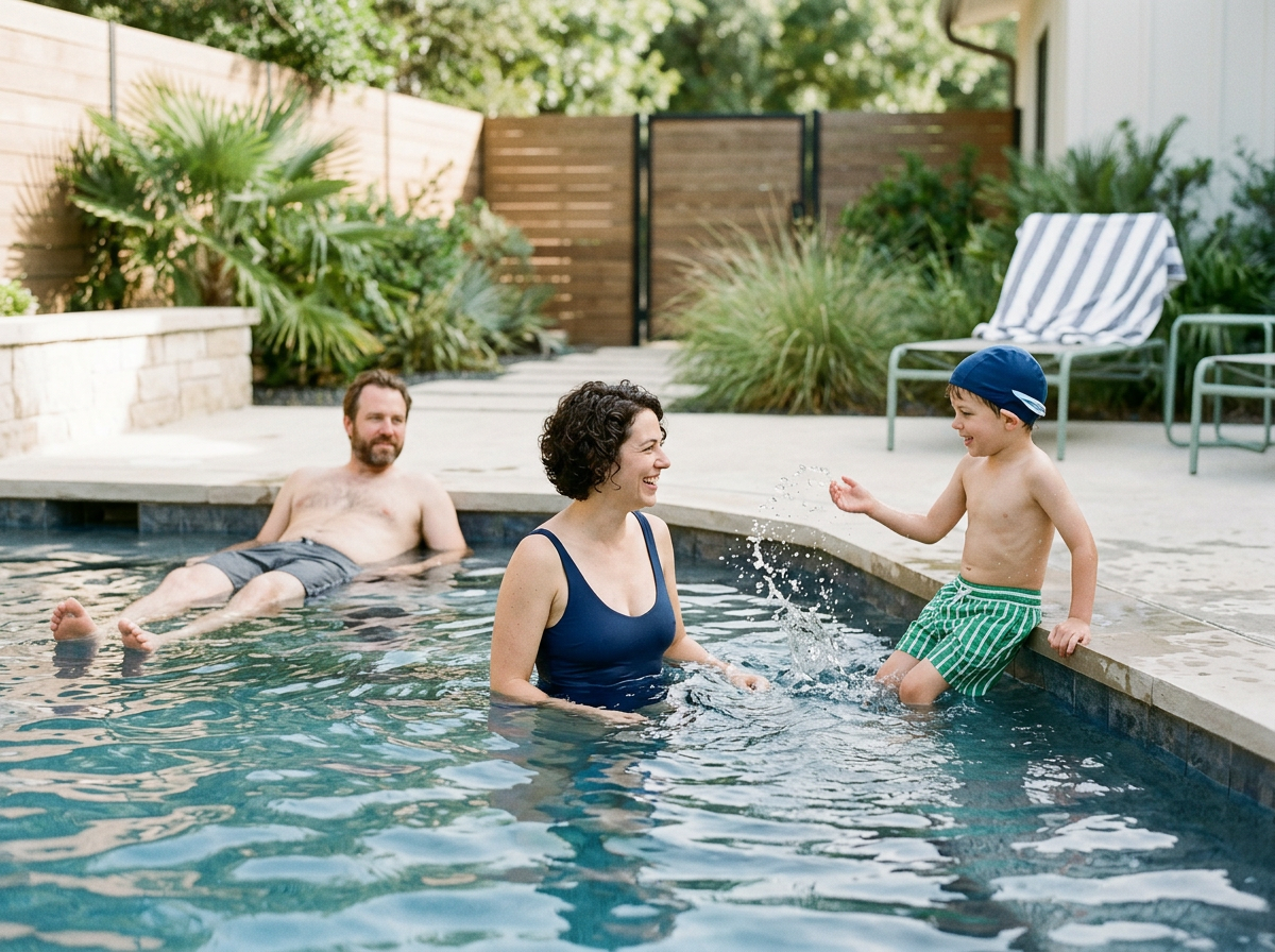 Family enjoying time in backyard pool on a sunny day. A woman and a young boy are playing at the edge, splashing water. A man relaxes in the pool nearby.