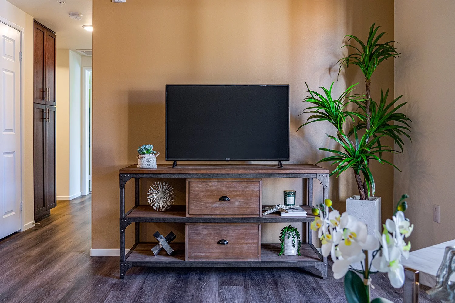 Living Area in Turtle Creek Apartment Home with wood-style plank flooring and large sliding doors leading to private patio.