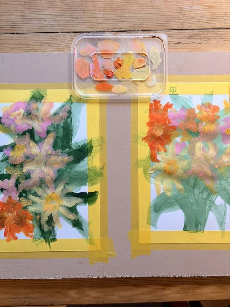 A photograph of When It Blooms study 3 and 4, bouquet of orange and red abstract art floral painting