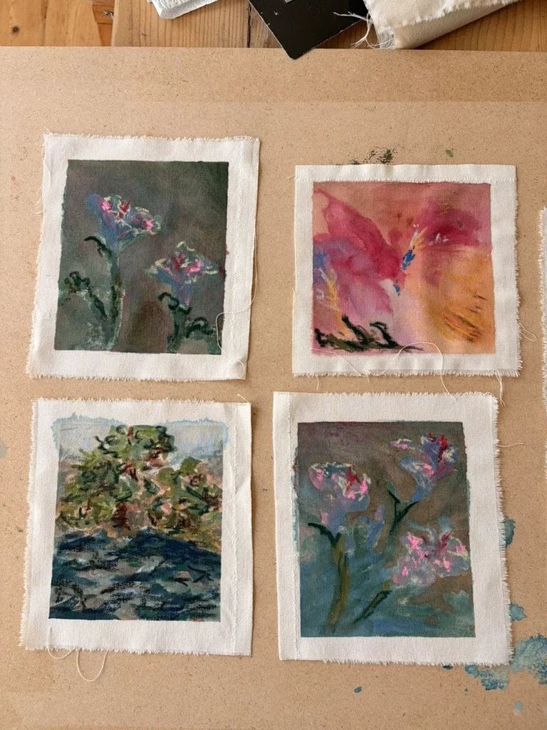 a collection of four abstract florals and landscapes on canvas by london artist mother studio lawena photograph of a collection of four handpainted abvstracts: a waterfall landscape, two dusky flowers, and a summer bloom, by emily from studio lawen