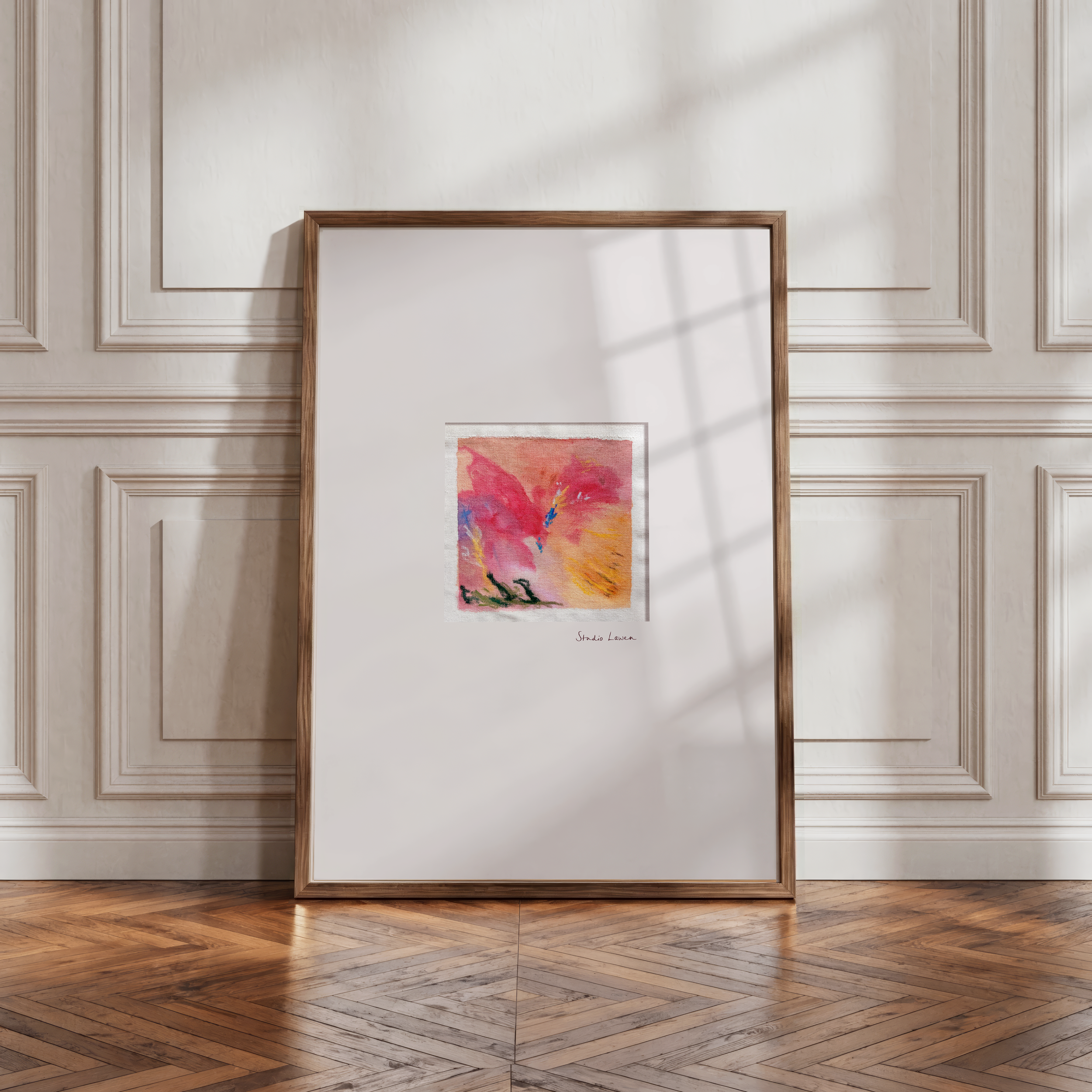a photo of 'amber bloom' original abstract contemporary painting floral by london artist and mother, framed in an off-white frame on a white wall