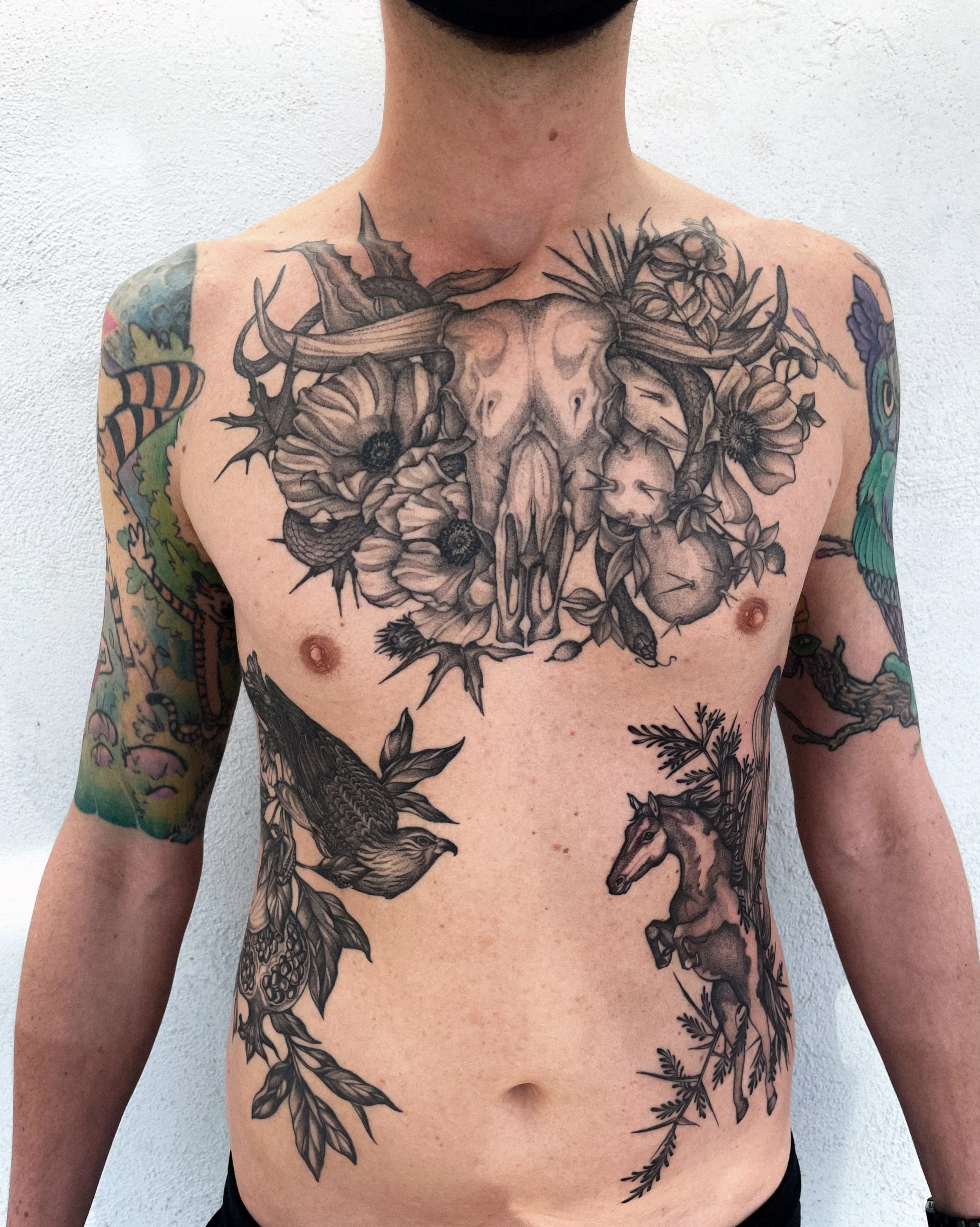 large scale blackwork chest and rib tattoo featuring texas and southwest native flora and fauna