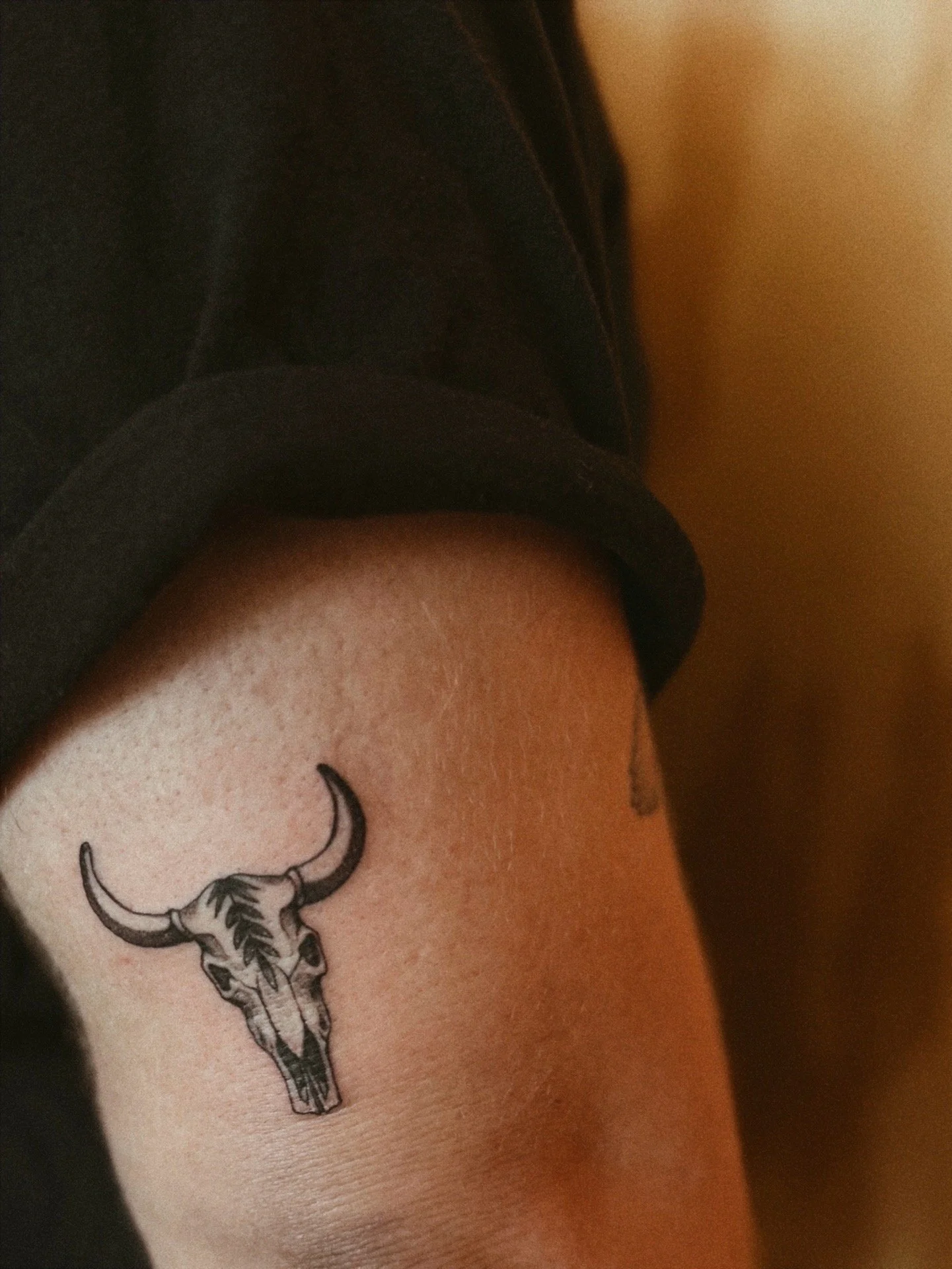 folk longhorn botanical fineline flash tattoo