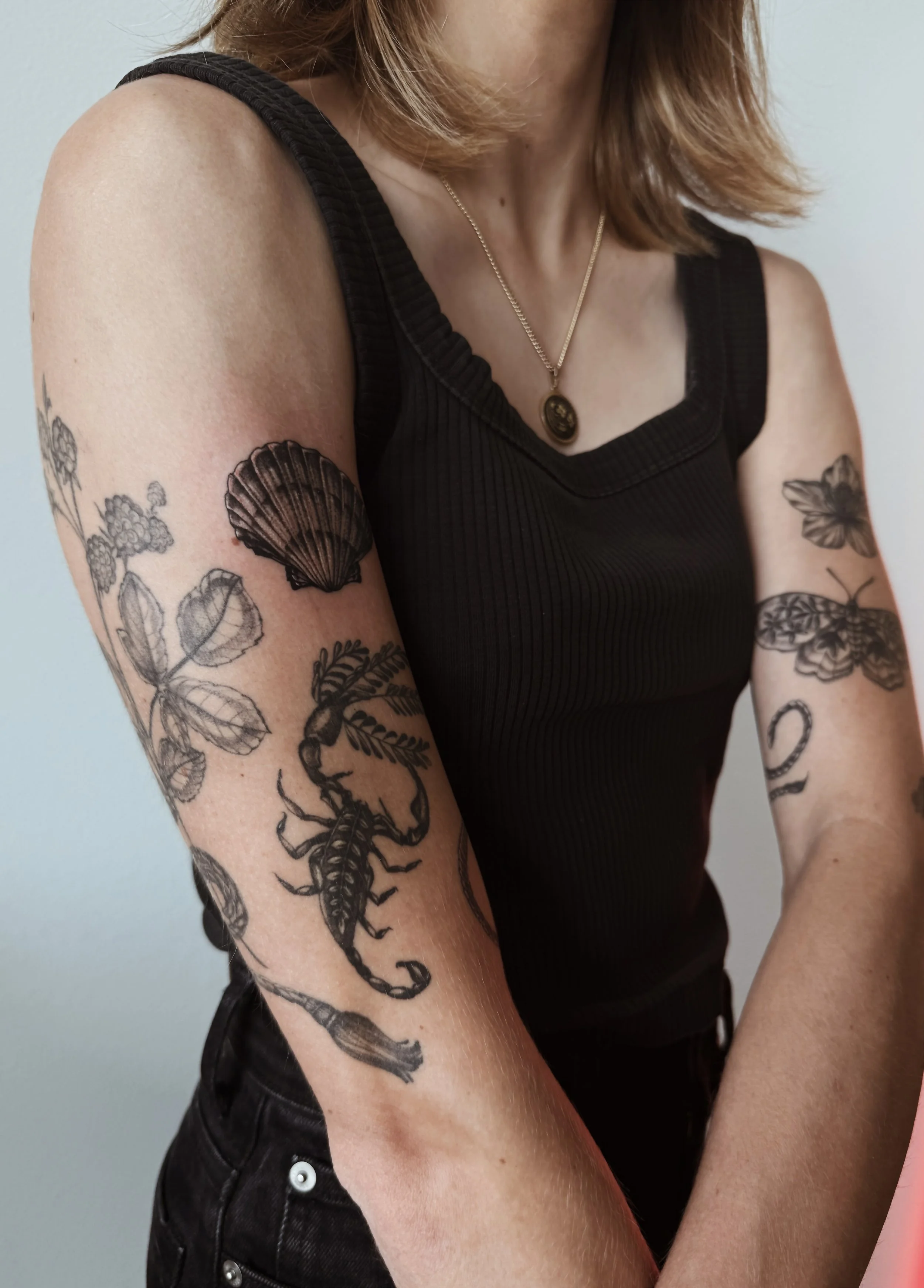 blackwork tattoo flash patchwork collection featuring flora and fauna, folk style fine line