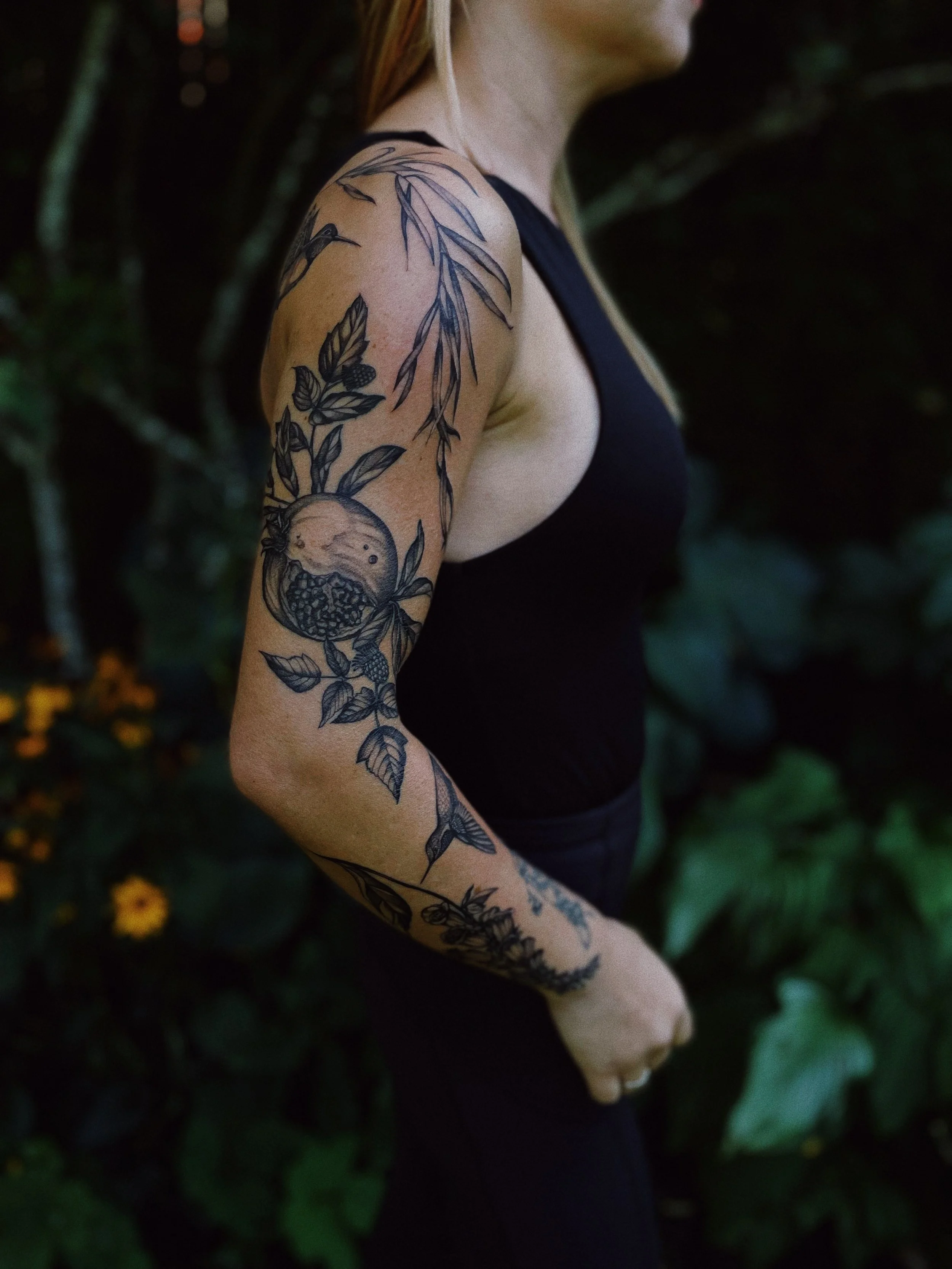 pacific northwest native blackwork flora and fauna fineline tattoo sleeve