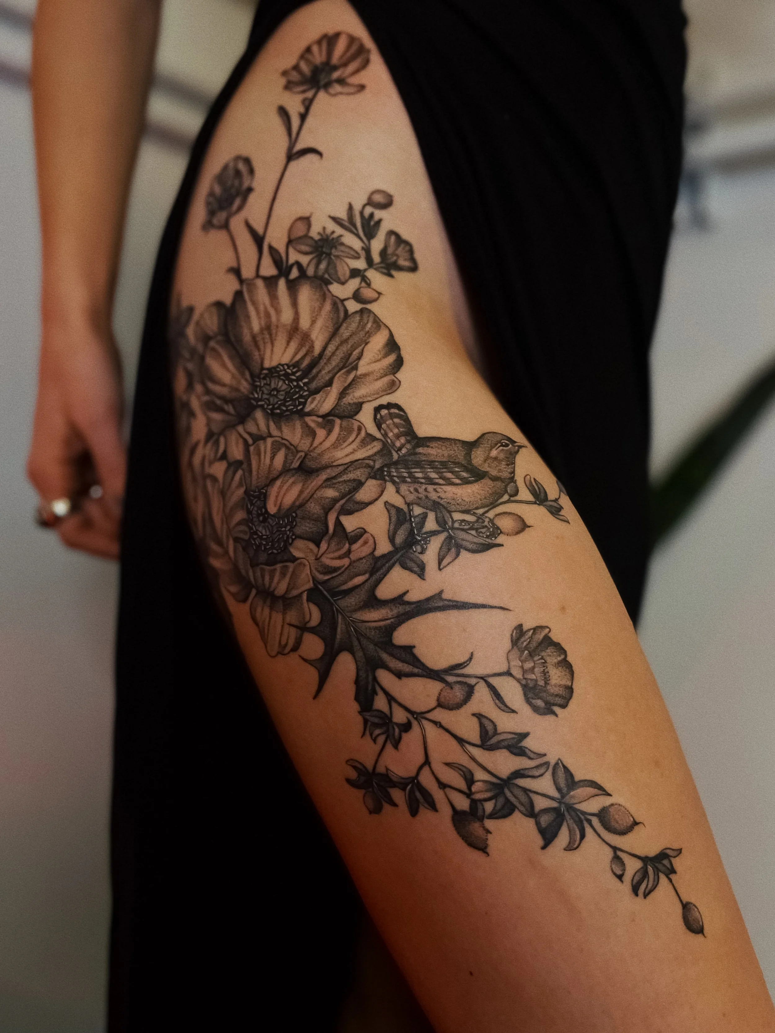 large hip and thigh desert flora and fauna featuring a cactus wren and prickly poppies