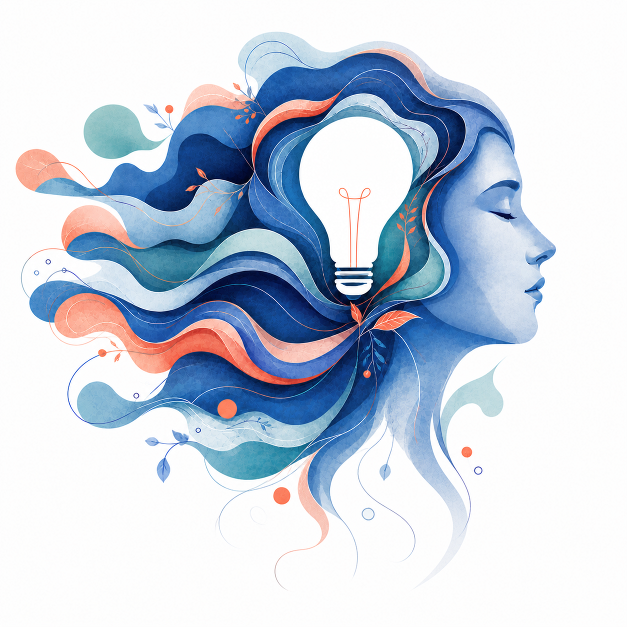 Abstract profile with flowing layered hair, exterior botanical accents, and a lightbulb representing clarity