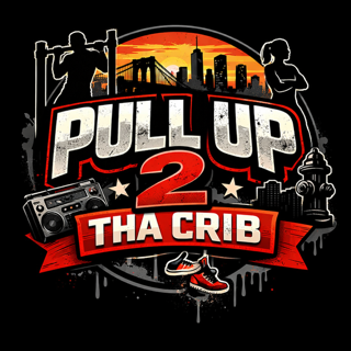 Graphic design with a city skyline, microphone, woman's silhouette, boombox, fire hydrant, and sneakers, promoting a music event called Pull Up 2 Tha Crib.