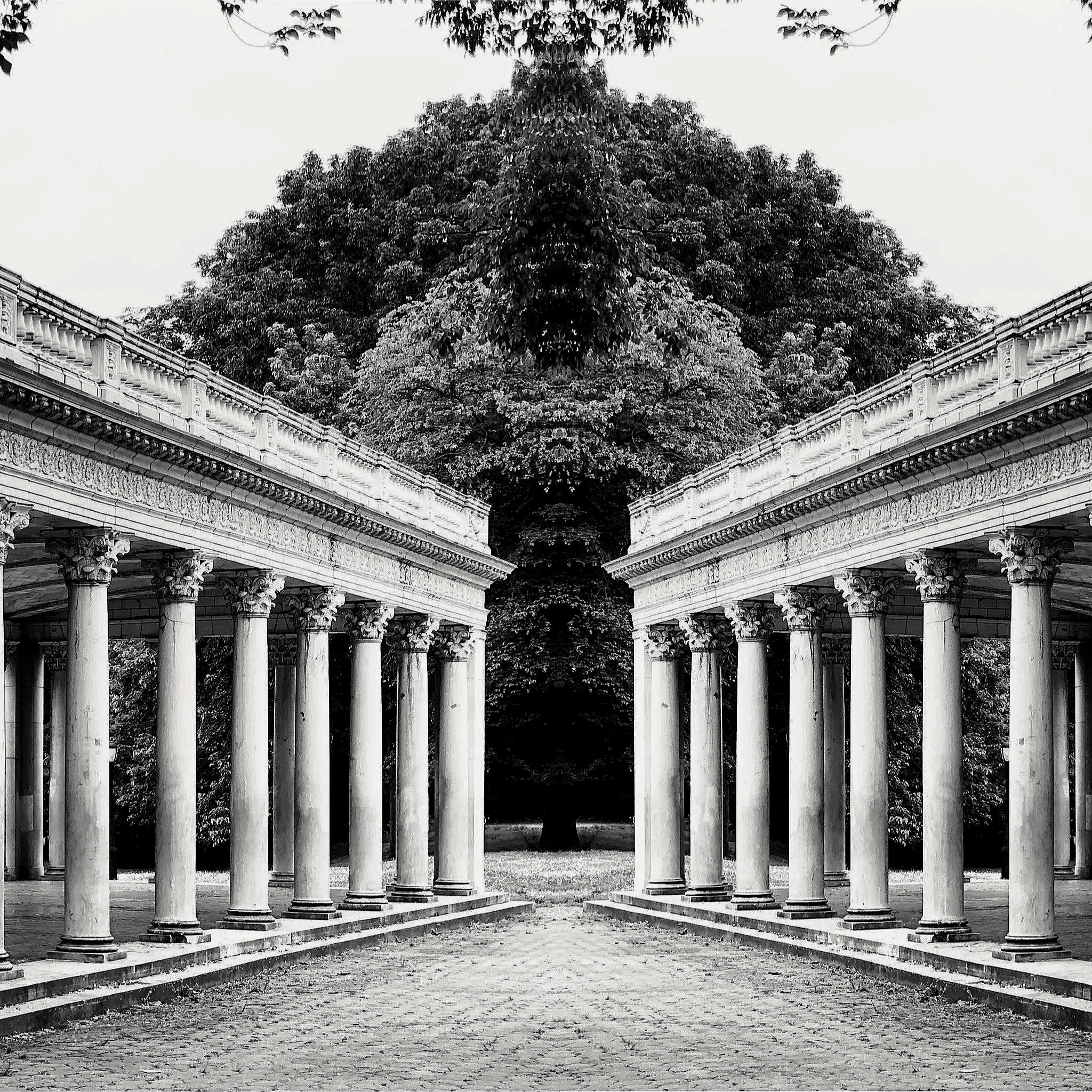 Black and white photograph of classical columns with ornate capitals and a roof with decorative details, forming a pergola or walkway, with trees in the background.