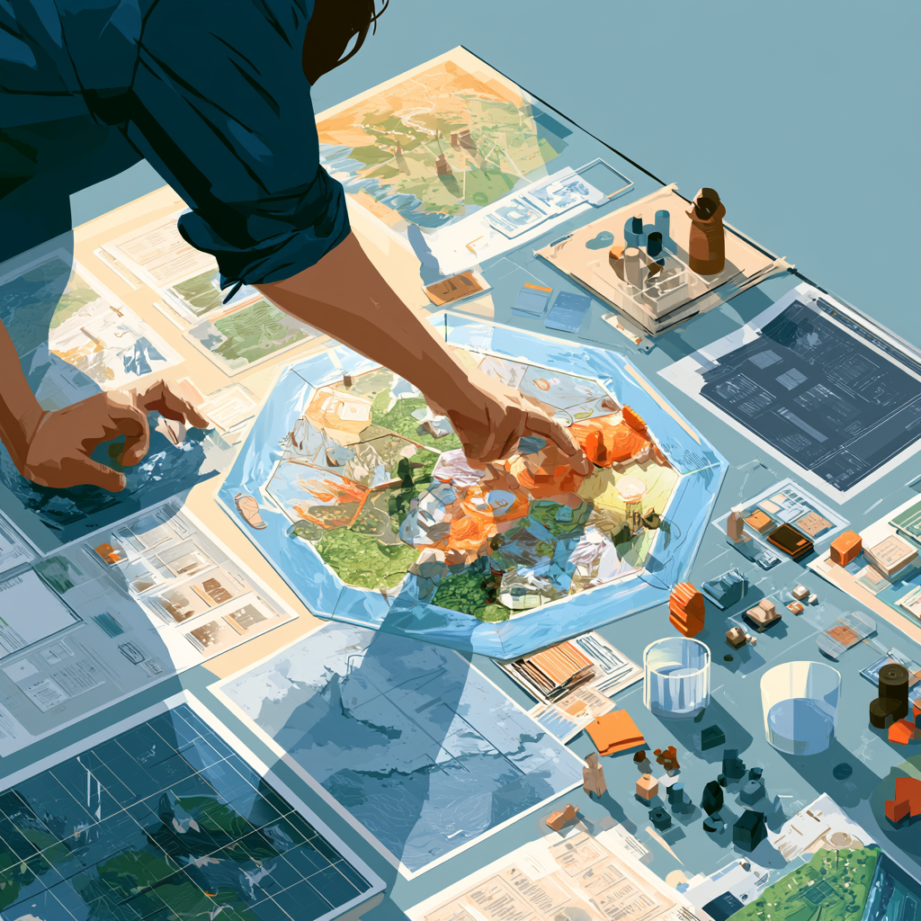 A person working on a detailed tabletop game or model with various maps, miniatures, and game pieces on a large table.