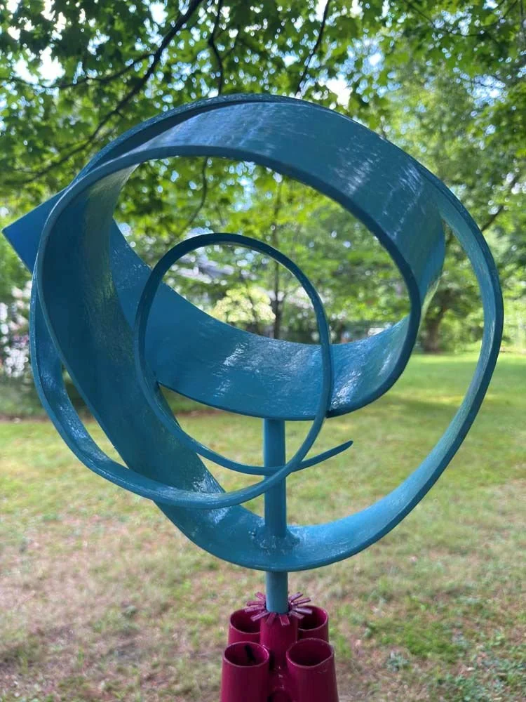 Blue Vortex/Energy Spiral (2023), welded aluminum, 60' h x 3' w x 3' d, available
