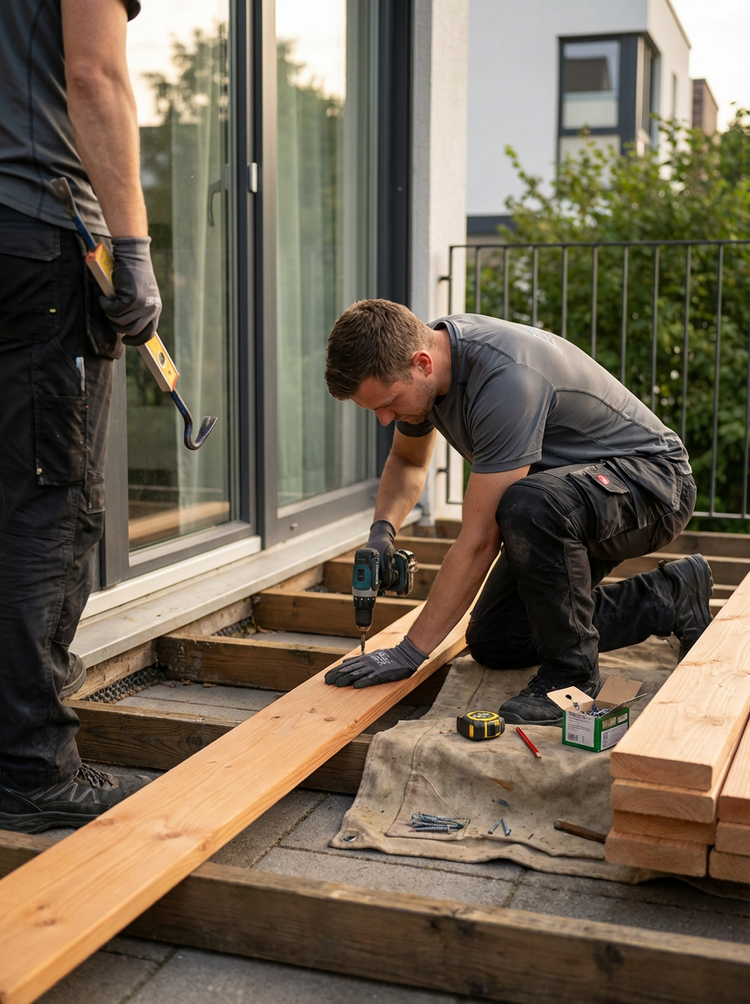 Two men working on building a wooden deck outside, one kneeling and drilling a wooden plank with a cordless drill, while the other stands holding a level.