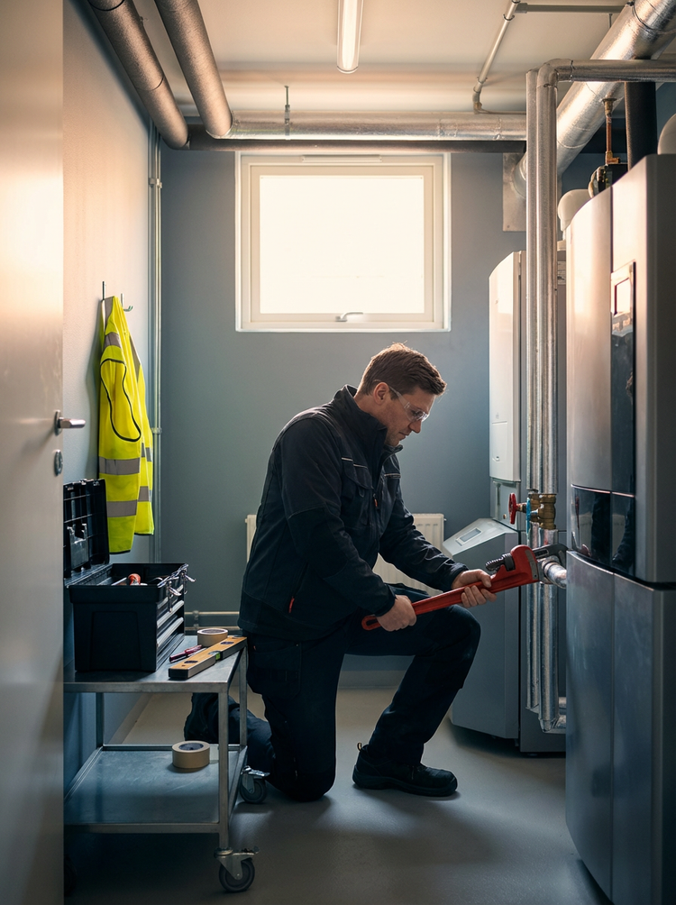 A technician kneeling and working on plumbing pipes in a utility room, surrounded by tools and equipment with a high-visibility safety vest hanging on the wall.