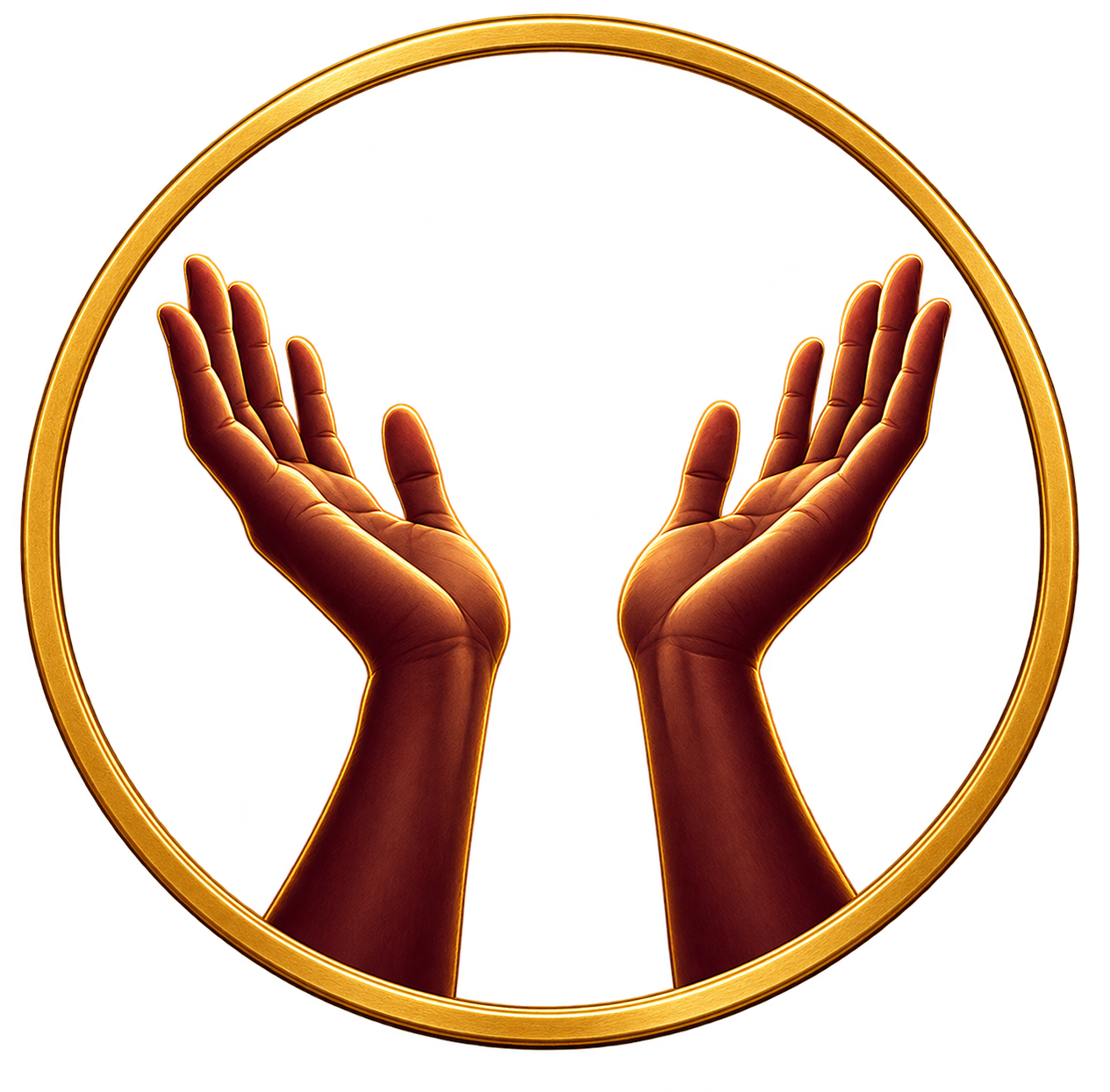 A pair of human hands raised inward, cupped as if holding or praying, inside a circular gold frame, set against a red background with yellow accents.