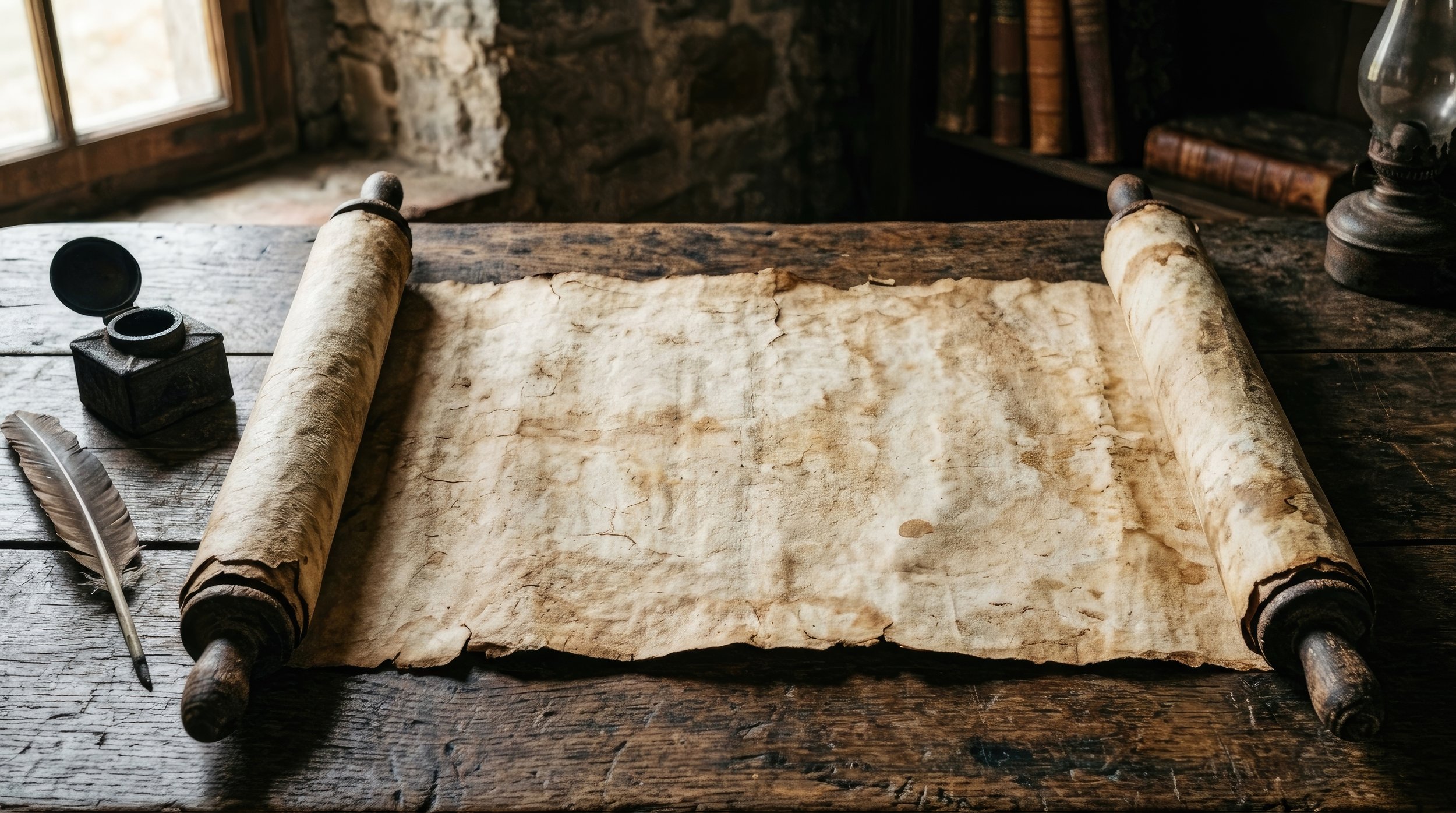 Ancient parchment scrolls on an old wooden table, with a quill pen and inkwell nearby, in a rustic room with stone walls and a window.