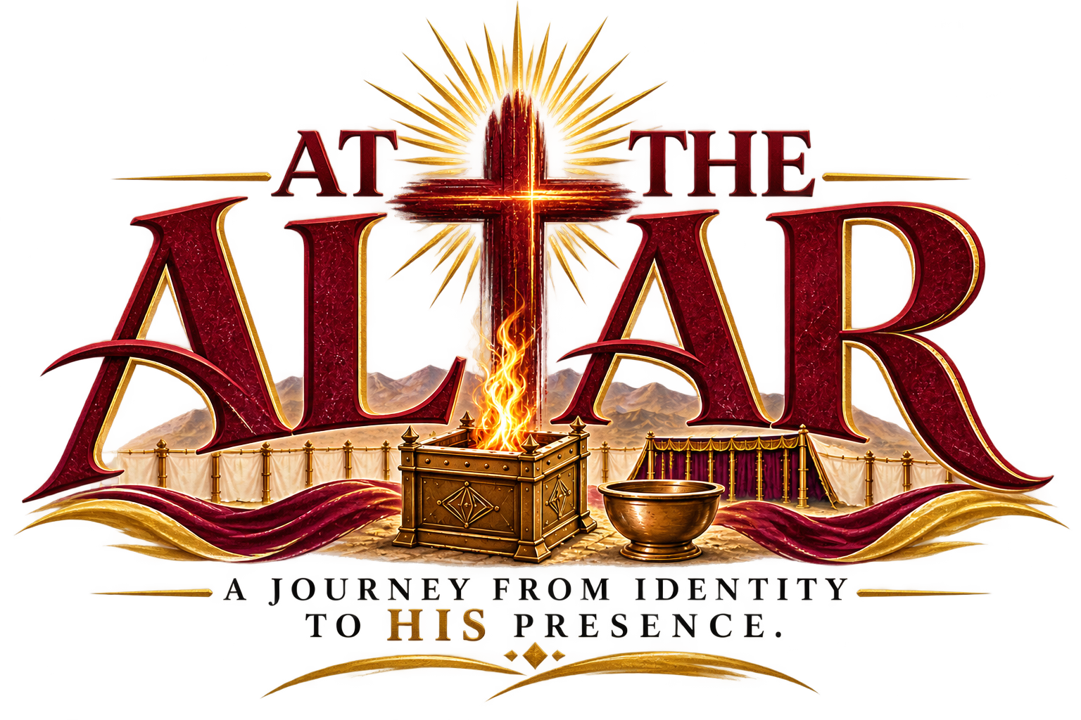 Title graphic for 'At the Altar: A Journey from Identity to His Presence' features a glowing cross with radiant light behind it, flames in a decorative altar box, a gold bowl, and red velvet curtains in the background.