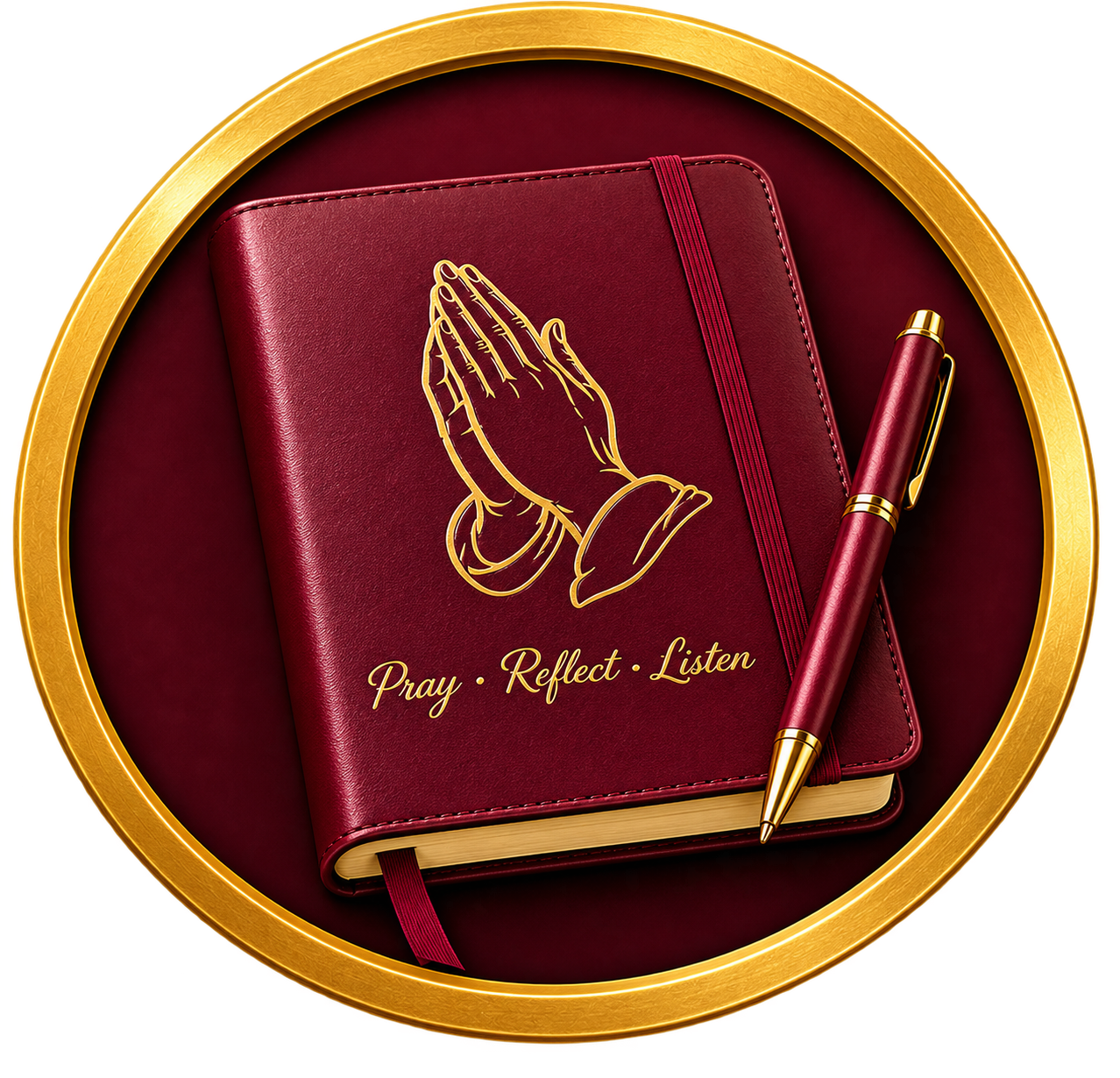 A red journal with a praying hands illustration and the words 'Pray, Reflect, Listen' on the cover, placed inside a gold ring, with a matching red and gold pen resting on top of it.