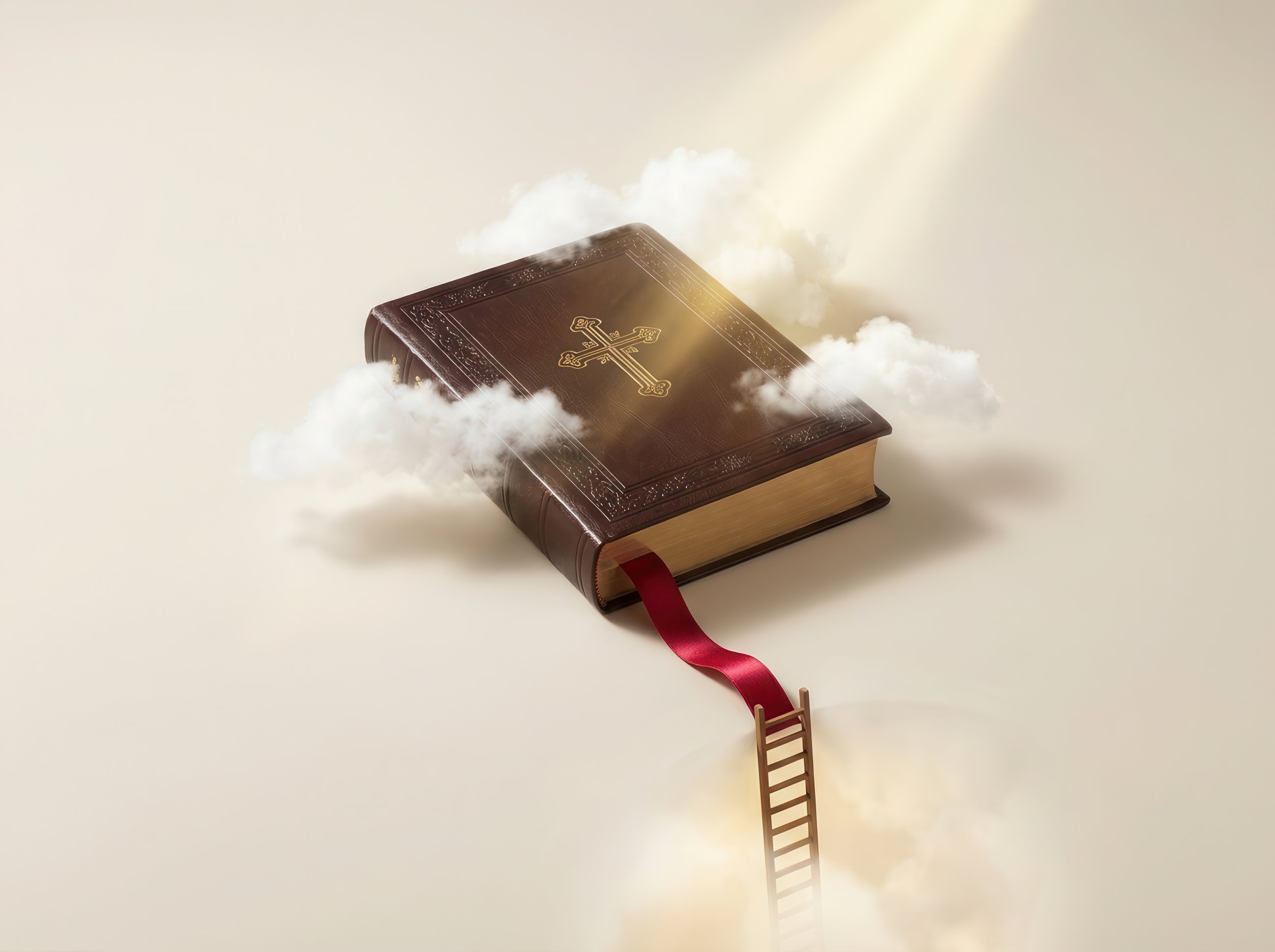 A large, ornate Bible with a cross on the cover, floating among clouds with a small wooden chair and ladder nearby.