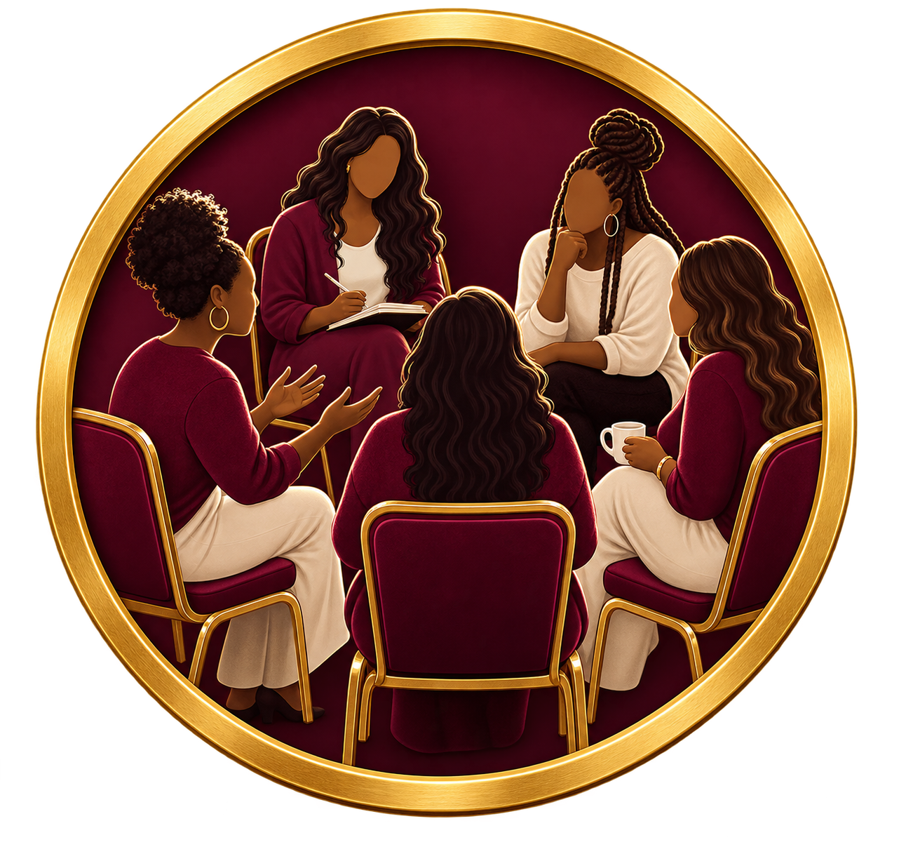 Illustration of five women having a discussion in a circle, sitting on maroon chairs with gold trim, in a cozy room with burgundy walls.