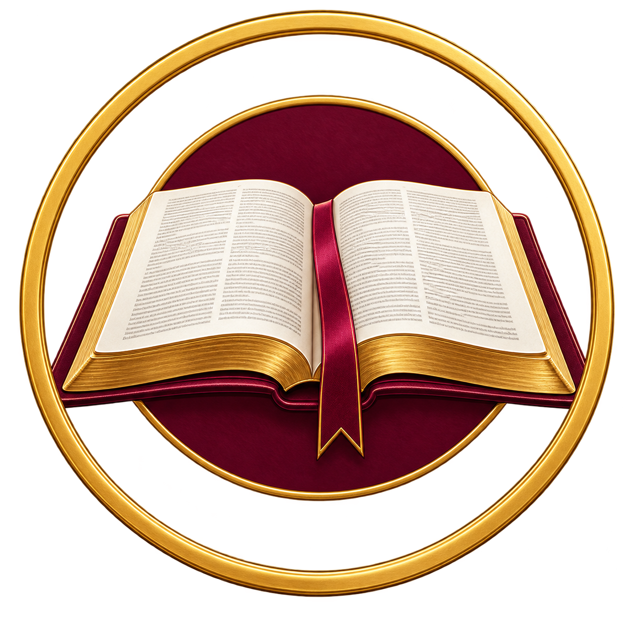 An open Bible with gold edges on a red stand, surrounded by a gold ring, with a red bookmark hanging in the center.