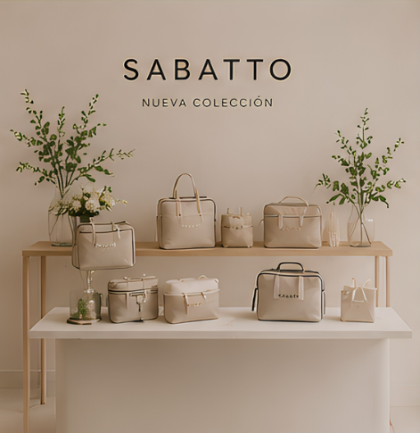 Exhibición de bolsas blancas de la colección Sabatto en una vitrina con plantas decorativas.