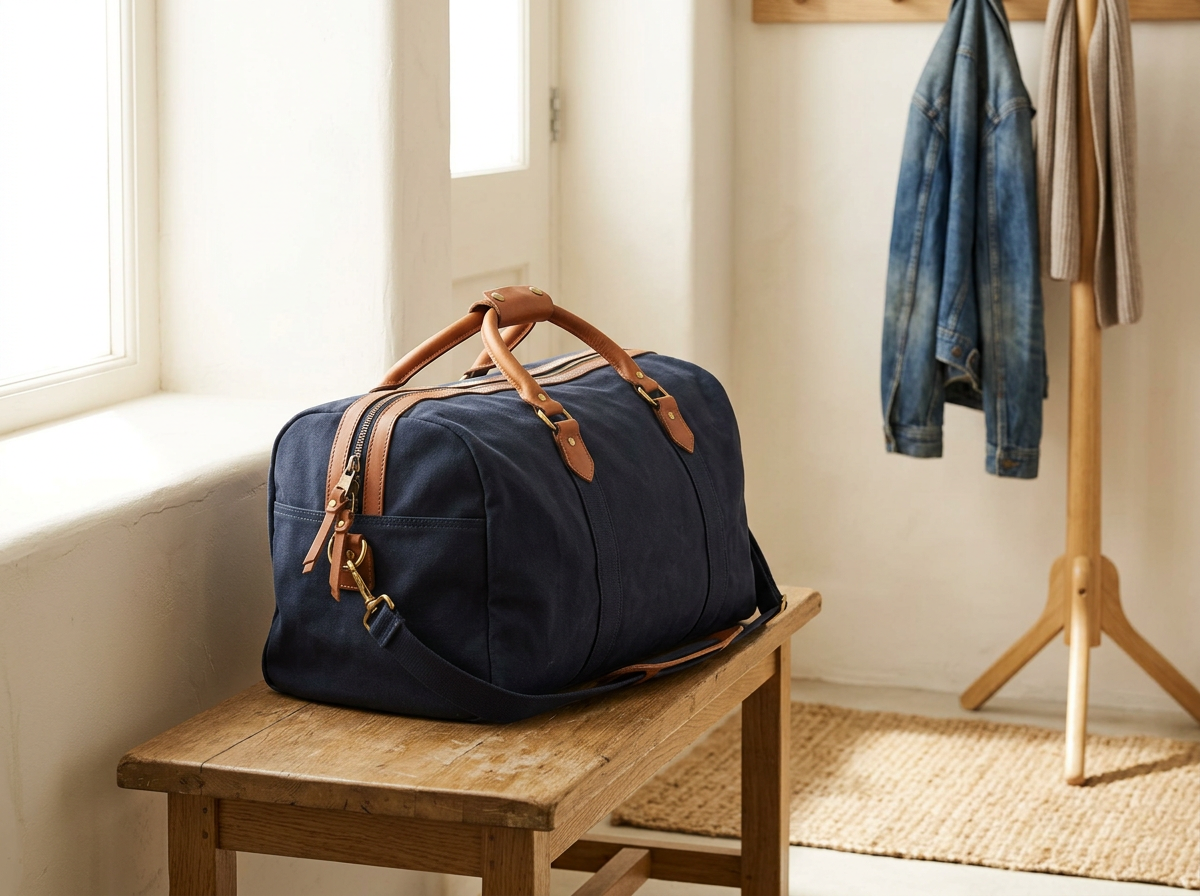 Maleta azul sobre una mesa de madera en una habitación con luz natural, con ropa colgada en un perchero de madera.