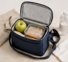 Contenedor de comida con una manzana verde en una bolsa de almuerzo.