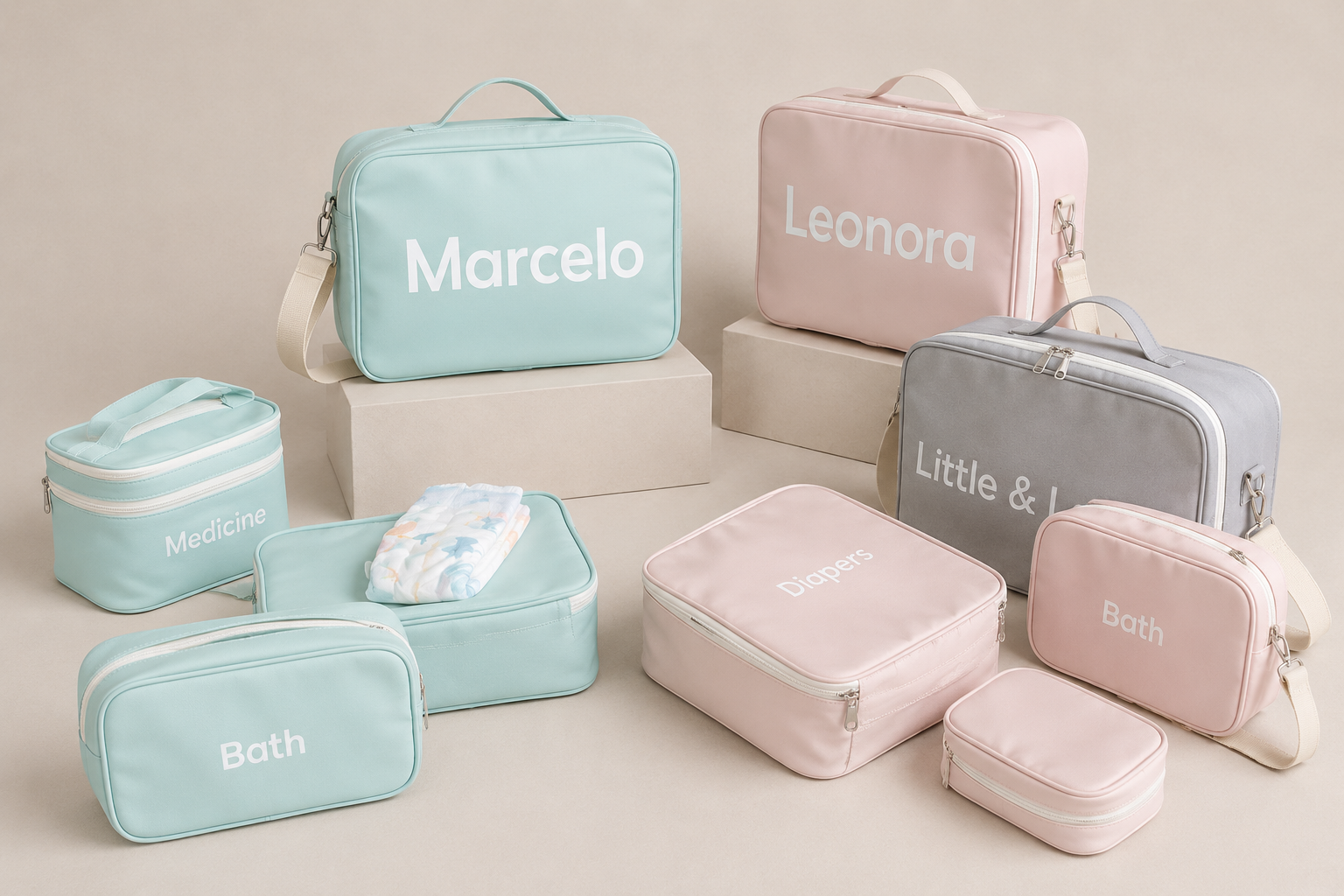 Estuches de diferentes tamaños y colores pastel con etiquetas como 'Marcelo', 'Leonora', 'Little & L', 'Diapers', 'Bath', y 'Medicine', dispuestos sobre una superficie beige.