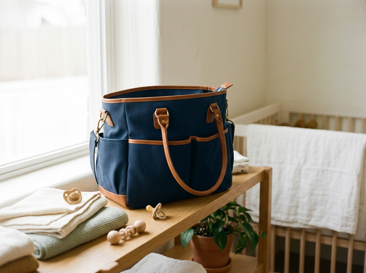 Bolsa de mano azul con detalles en piel marrón sobre una mesa de madera, junto a pañales, chupetes y un muñeco de madera, en una habitación con luz natural.