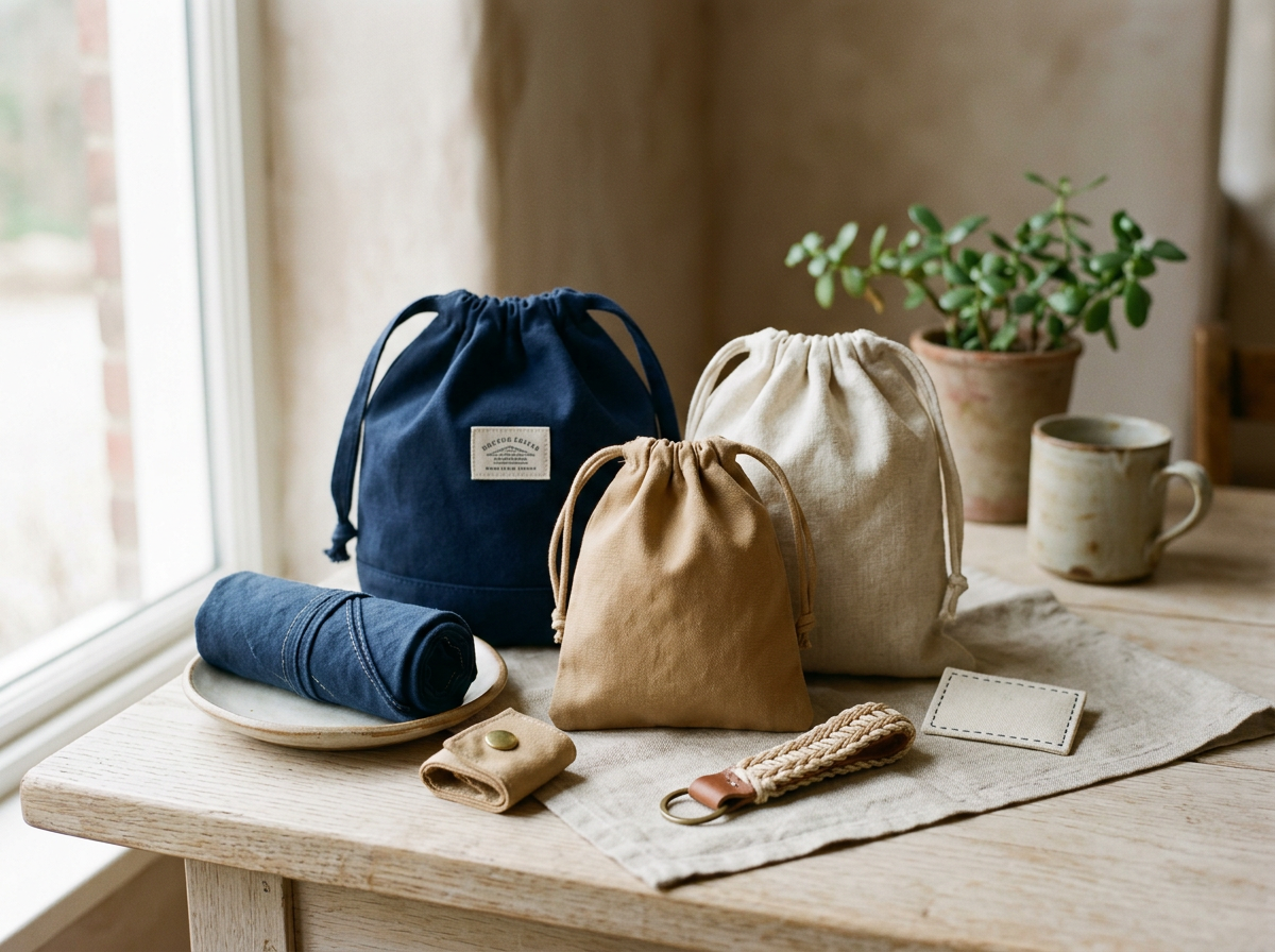 Set de bolsas de tela en diferentes colores, una rodaja de tela enrollada, una llave con cuerda, una pequeña funda beige con botón, una taza de cerámica y una maceta con planta, todo sobre una mesa de madera junto a una ventana.
