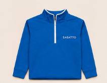 Sudadera azul con cremallera y etiqueta que dice 'SABATTO'