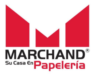 Logotipo de la marca 'Marchand Papelería' en colores rojo y negro.