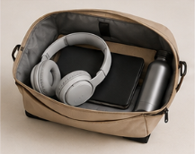 Bolsa con auriculares, cuaderno, termo y teléfono móvil