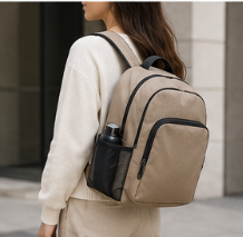 Persona con mochila beige y botella en la lado en un entorno urbano.