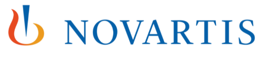 Logotipo de Novartis con texto en azul y símbolo en tonos dorado, naranja y azul