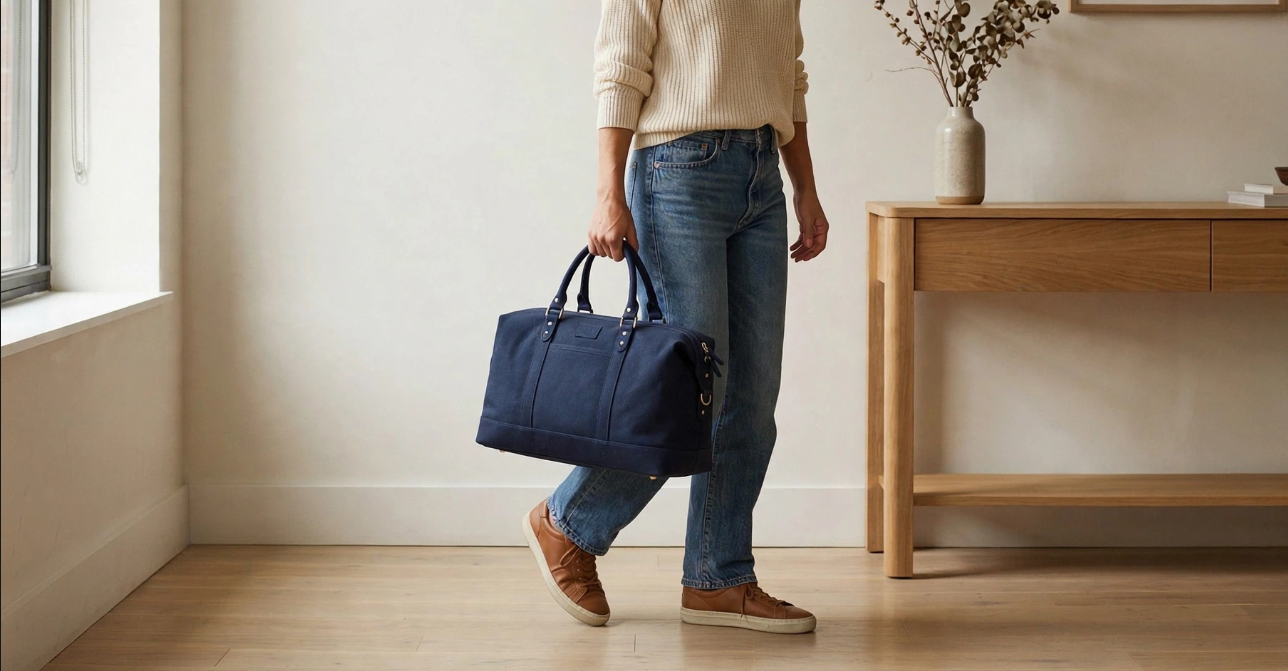 Persona sosteniendo una bolsa de mano azul en una habitación con suelo de madera y muebles de madera clara.