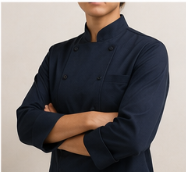 Cocinero con uniforme negro y brazos cruzados