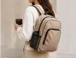Mujer con mochila y taza de café