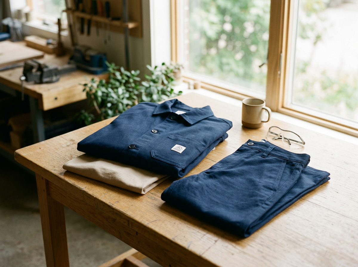 Ropa de color azul y beige, gafas y una taza sobre una mesa de madera cerca de una ventana con vista al exterior con árboles.