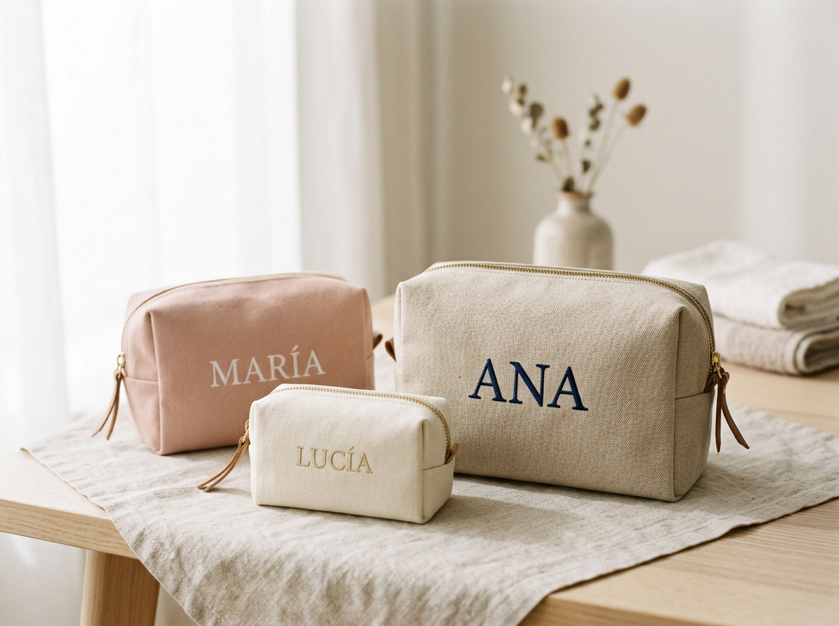 Tres bolsos de tela en colores pastel, cada uno con un nombre bordado: María, Ana y Lucía, colocados sobre una mesa de madera con mantelería clara. En el fondo, una cerámica con ramas secas y ropa doblada.