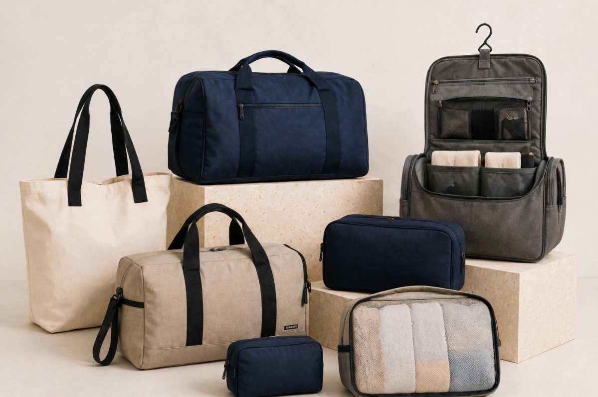 Diversas bolsas y maletas de diferentes tamaños y colores dispuestas en plataformas de piedra.