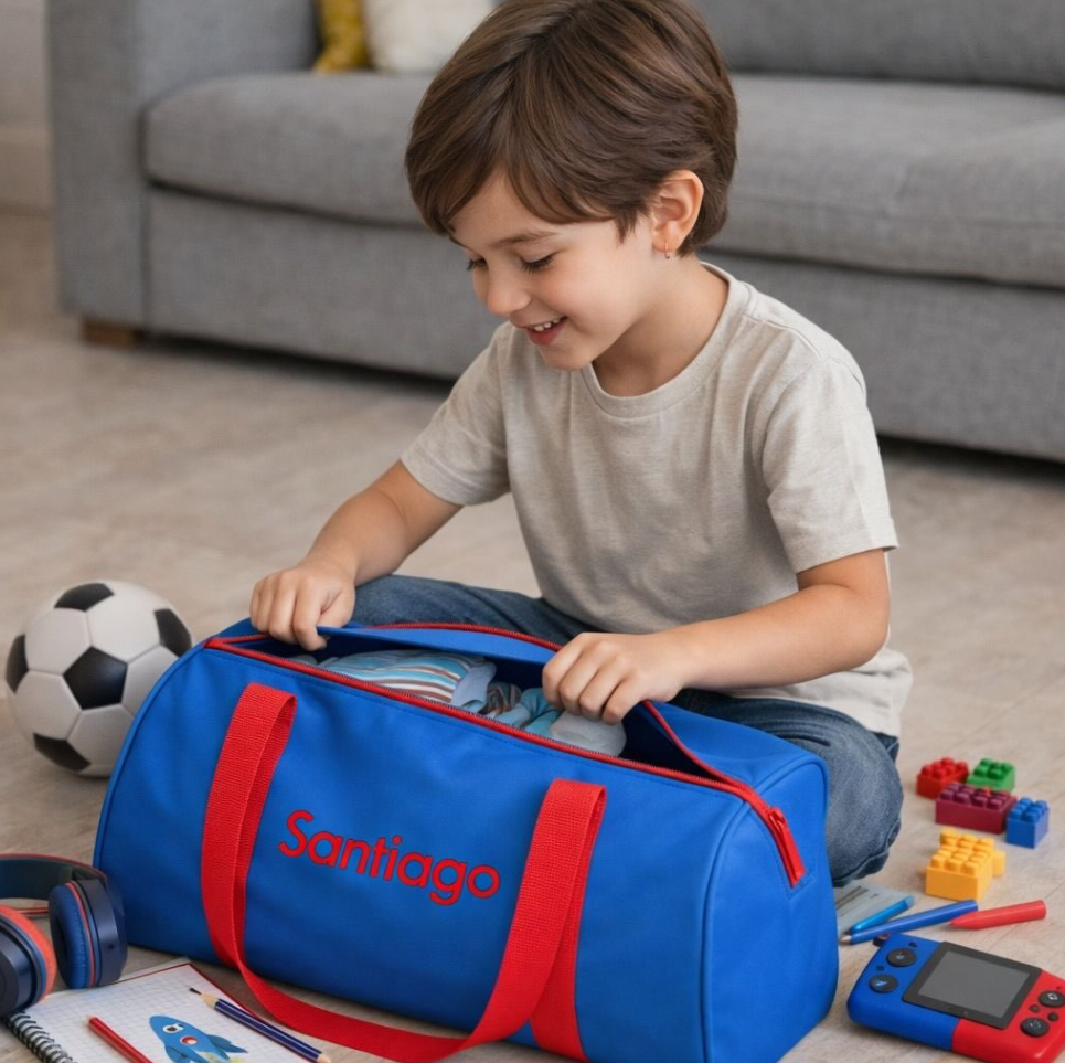 Niño sonriente metiendo objetos en una bolsa azul con el nombre Santiago, rodeado de juguetes como una pelota de fútbol, bloques de construcción, auriculares, una consola de videojuegos y un cuaderno con dibujo.